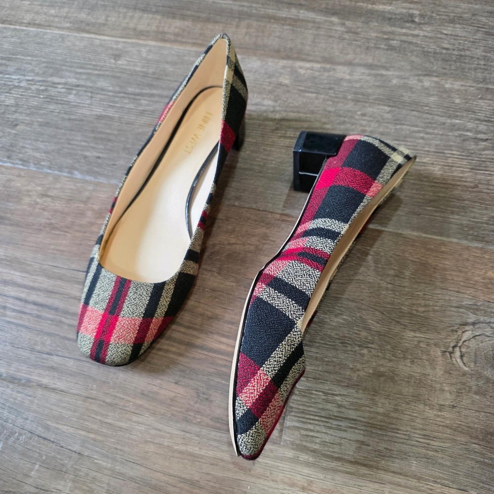 Nine West Women Plaid Block Heel Square Toe Pumps Red Black Tan Size 8M